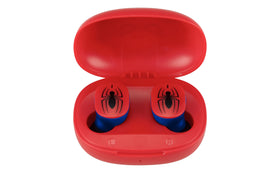 ekids Spider-Man earbuds case front view showing portable charging on the go