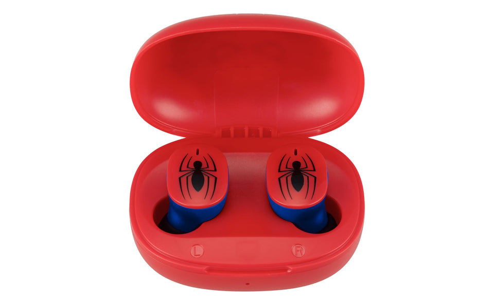 ekids Spider-Man earbuds case front view showing portable charging on the go