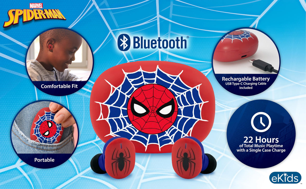 ekids Spider-Man earbuds nestled inside the compact charging case for safe storage