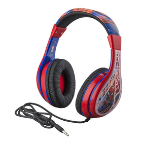 eKids Spiderman on airplane tray showing headphones ideal for travel and entertainment