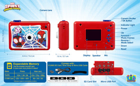 eKids Spidey camera accessories laid out including SD card and USB cable, ready-to-use convenience