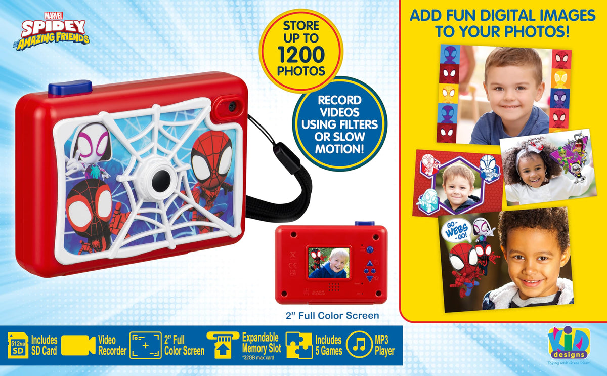 eKids Spidey camera back with 2-inch screen displaying a captured photo, quick review benefit