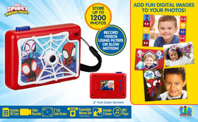 eKids Spidey camera back with 2-inch screen displaying a captured photo, quick review benefit