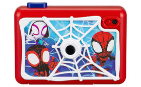 eKids Spidey camera front view showing lens and playful design, encourages creativity