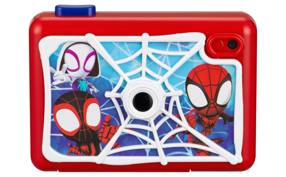 eKids Spidey camera front view showing lens and playful design, encourages creativity