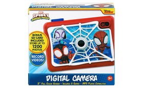 eKids Spidey camera next to AA batteries for scale, illustrates compact portable size