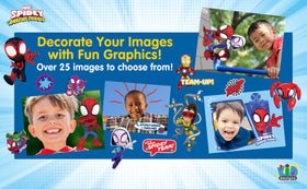 eKids Spidey camera showing digital stickers and frames applied, boosts imaginative play