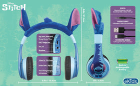 eKids Stitch connected with 3.5mm cable offering wired listening option