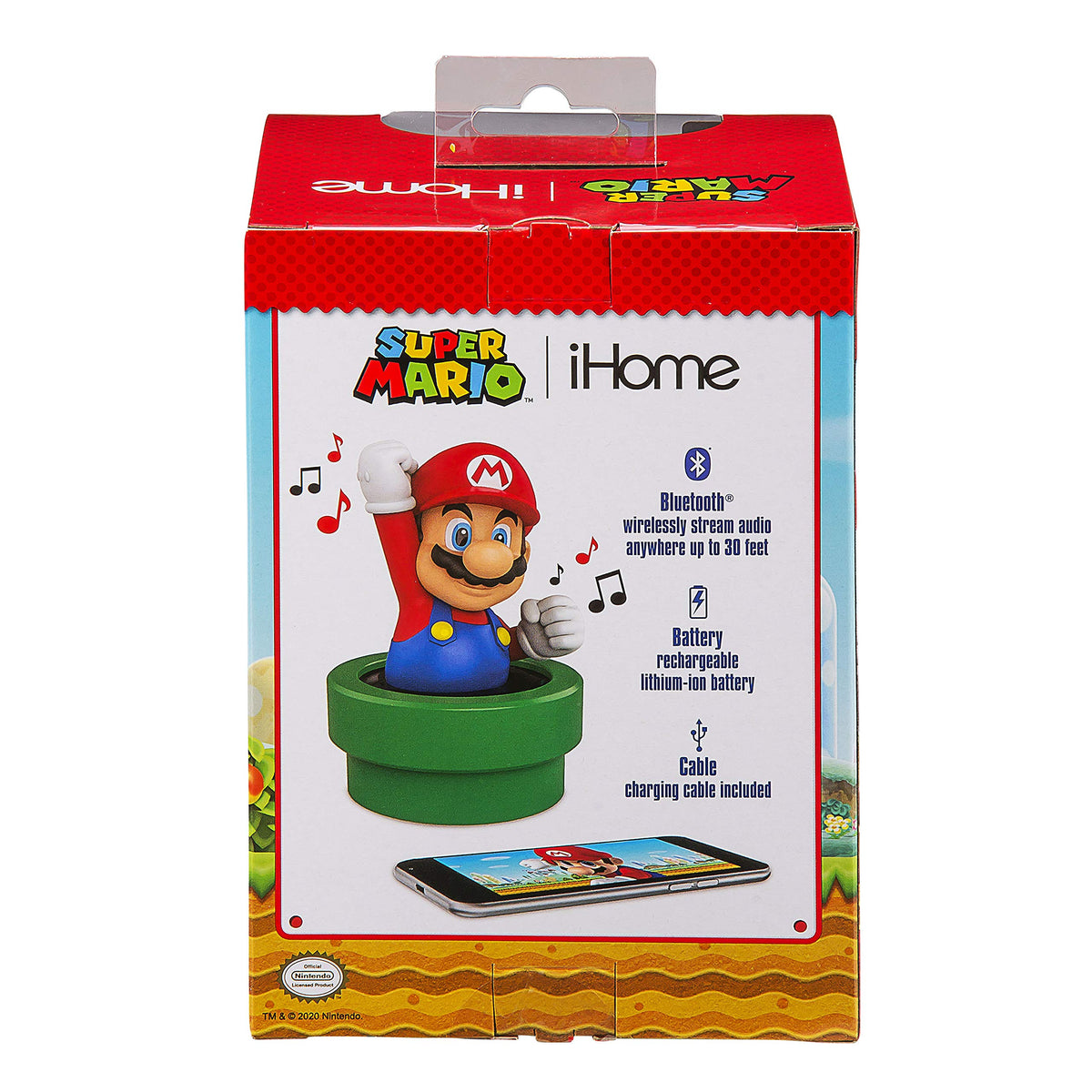 ekids Super Mario speaker rechargeable battery for unplugged listening.