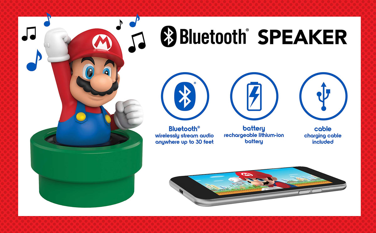 ekids Super Mario Bluetooth speaker side profile showing compact portable design.