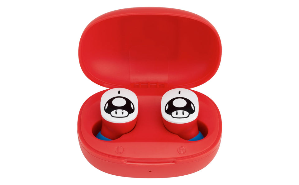 eKids Super Mario earbuds in case for on-the-go charging and storage.