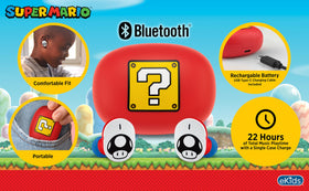 eKids Super Mario earbuds with vivid graphics for kid-friendly design.