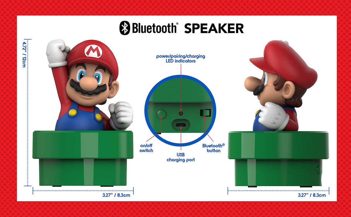 ekids Super Mario portable speaker ready for adventures anywhere.