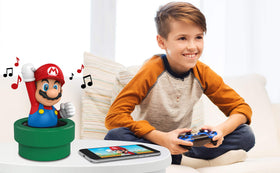 ekids Super Mario speaker with USB charging cable included for easy power.