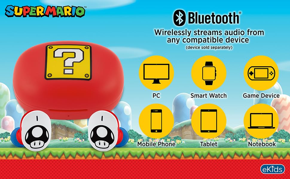 eKids Super Mario USB-C cable included for quick recharging.