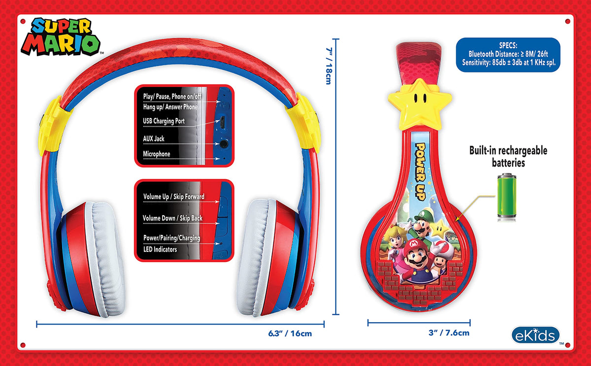 eKids 3.5mm cable and charging port showing wired and rechargeable options