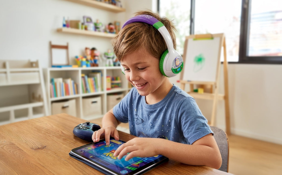 eKids Toy Story 5 Buzz Lightyear headphones on head, adjustable fit for growing kids