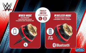 eKids WWE wired 3.5mm plug showing wired backup listening benefit