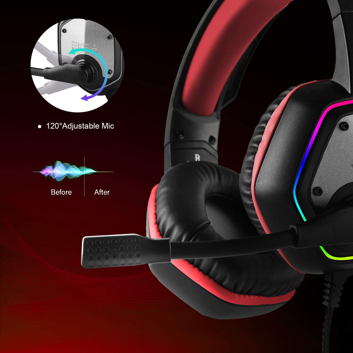 EKSA RGB-lit earcup demonstrating customizable lighting for atmosphere