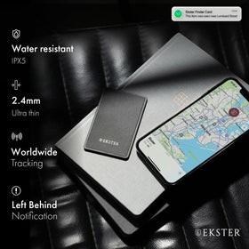 Close-up of Ekster Finder Card textured finish and edges, highlighting durable water-resistant build