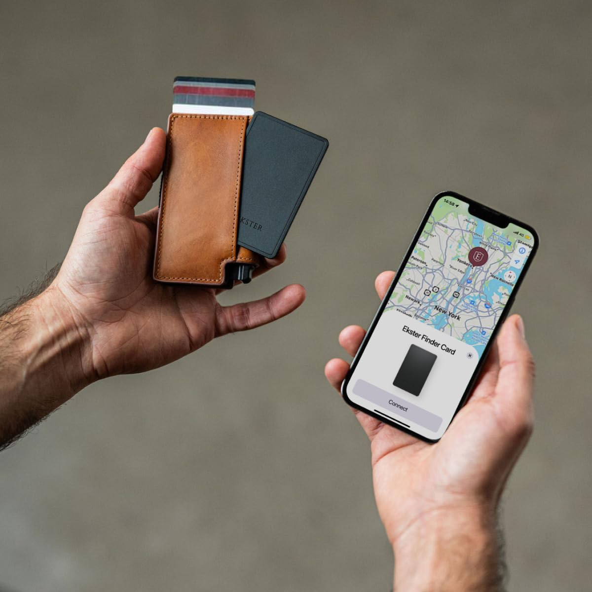 Lifestyle image of Ekster Finder Card inside a traveler bag, demonstrating peace of mind on the go