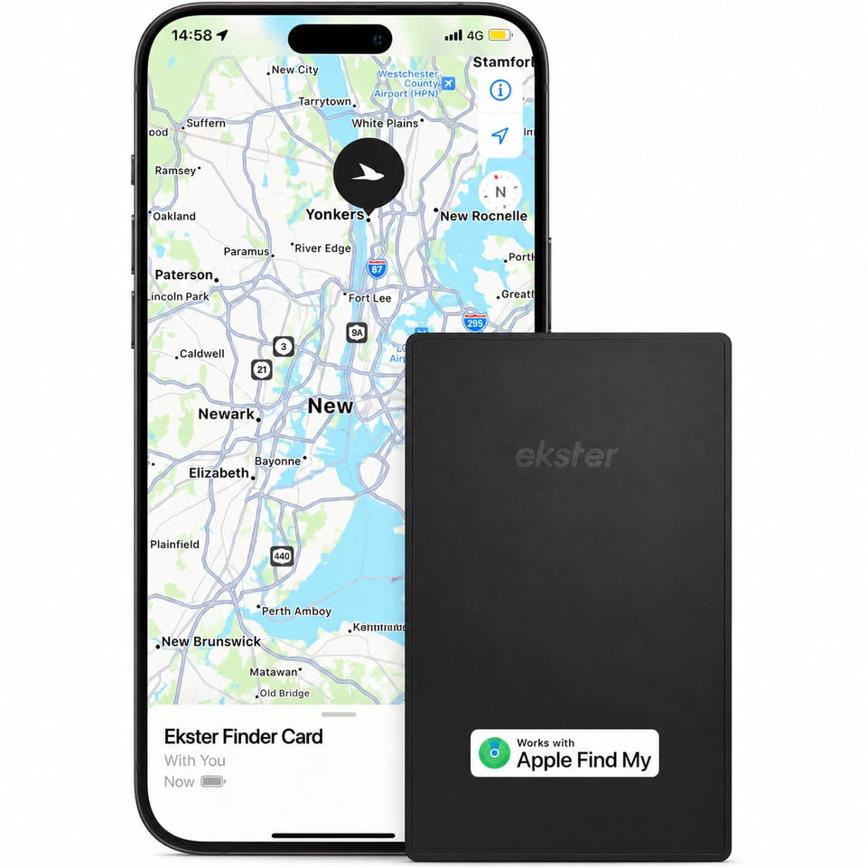 Ekster Finder Card showcases rechargeable design for wallet tracking with MagSafe charging.