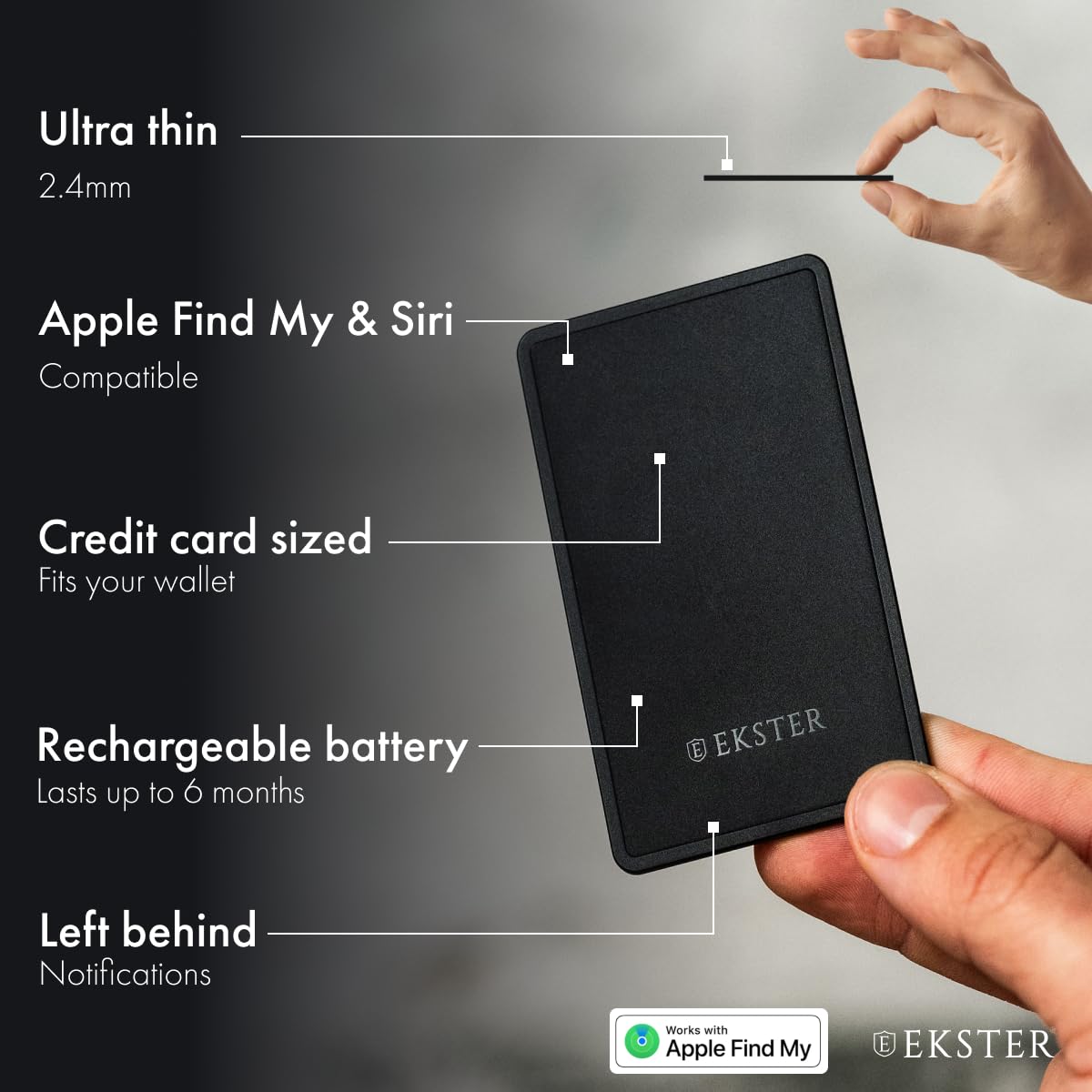 Ekster Finder Card beside ruler showing 2.4 mm thin profile, demonstrating slim wallet fit