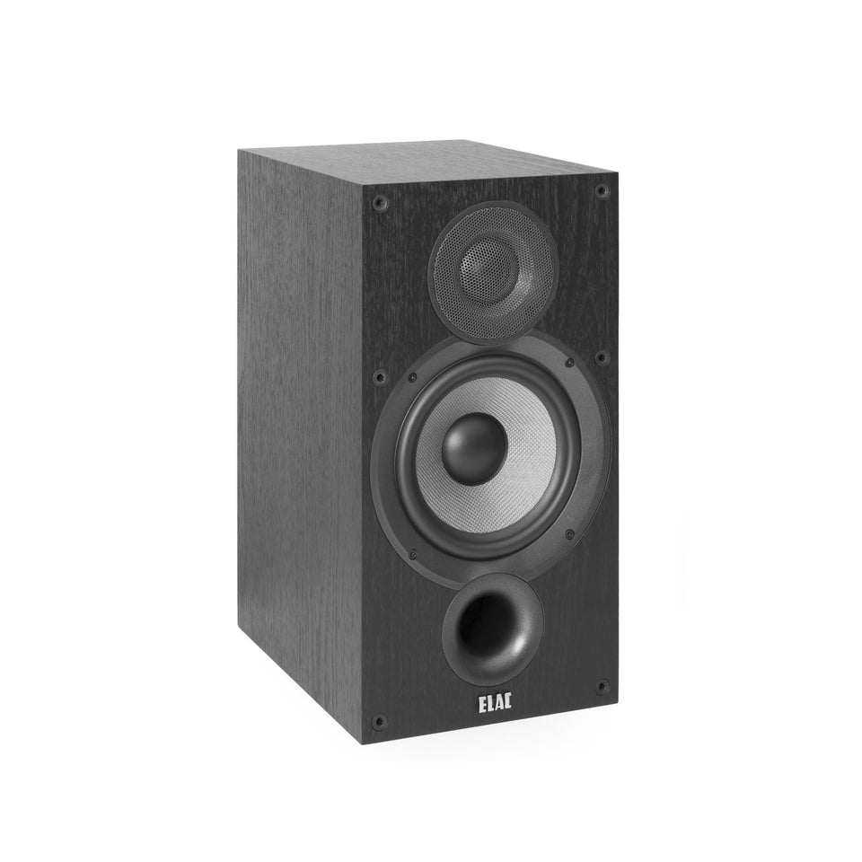 ELAC Debut 2.0 B6.2 front view highlighting compact bookshelf design for versatile placement.