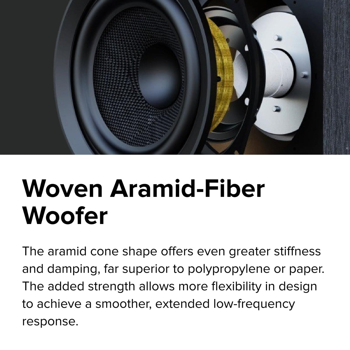 ELAC Debut 3-0 DB53-BK 5.25-inch aramid woofer delivers smooth bass.