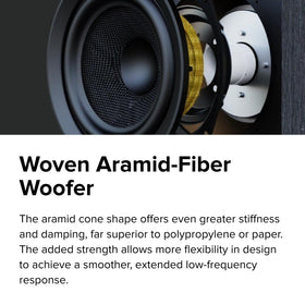 ELAC Debut 3-0 DB53-BK 5.25-inch aramid woofer delivers smooth bass.