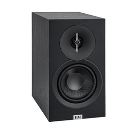 ELAC Debut 3-0 DB53-BK bookshelf speaker front view in black ash for compact spaces.