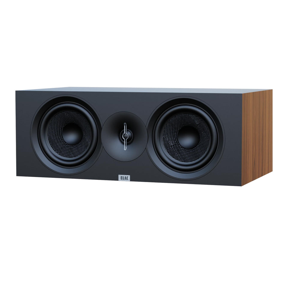 ELAC Debut 3.0 DC63-WN front view in walnut for versatile living room placement.