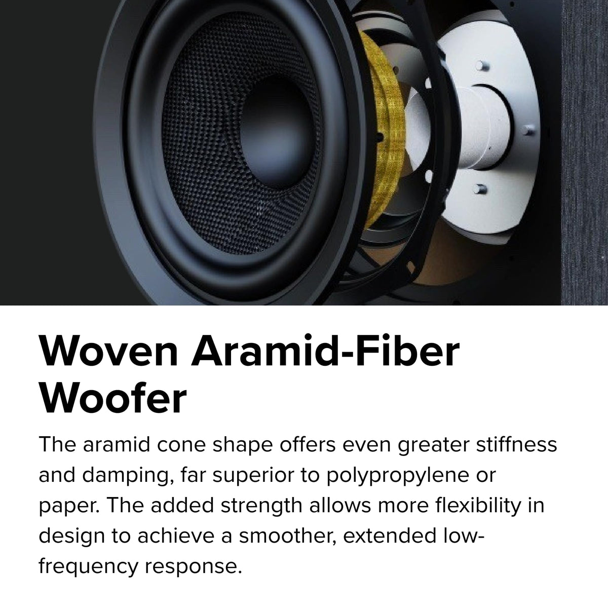 ELAC Debut 3.0 DC63-WN tweeter closeup emphasizes aluminum dome detail for crisp highs.