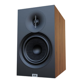 ELAC Debut 3.0 DB63-WN front view in walnut finish for stylish, space-saving listening.