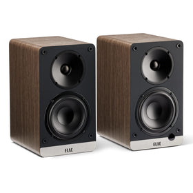 ELAC Debut ConneX front view in walnut, stylish for living room audio.