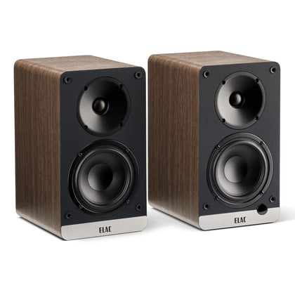 ELAC Debut ConneX front view in walnut, stylish for living room audio.