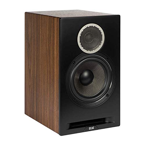 ELAC Debut Reference B6.2 walnut cabinet emphasizes natural wood tone and elegant silhouette.