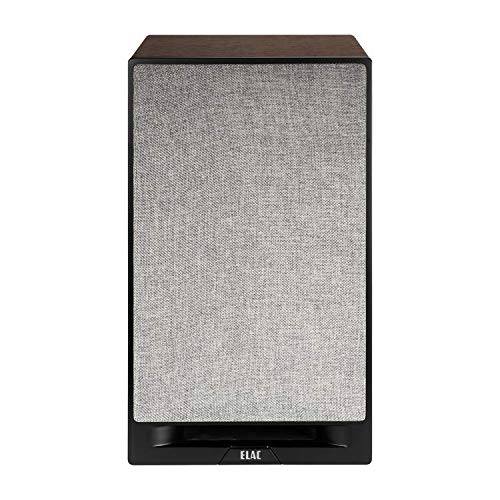 ELAC Debut Reference B6.2 side view in walnut cabinet for warm living room aesthetics.