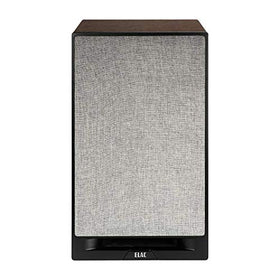 ELAC Debut Reference B6.2 side view in walnut cabinet for warm living room aesthetics.
