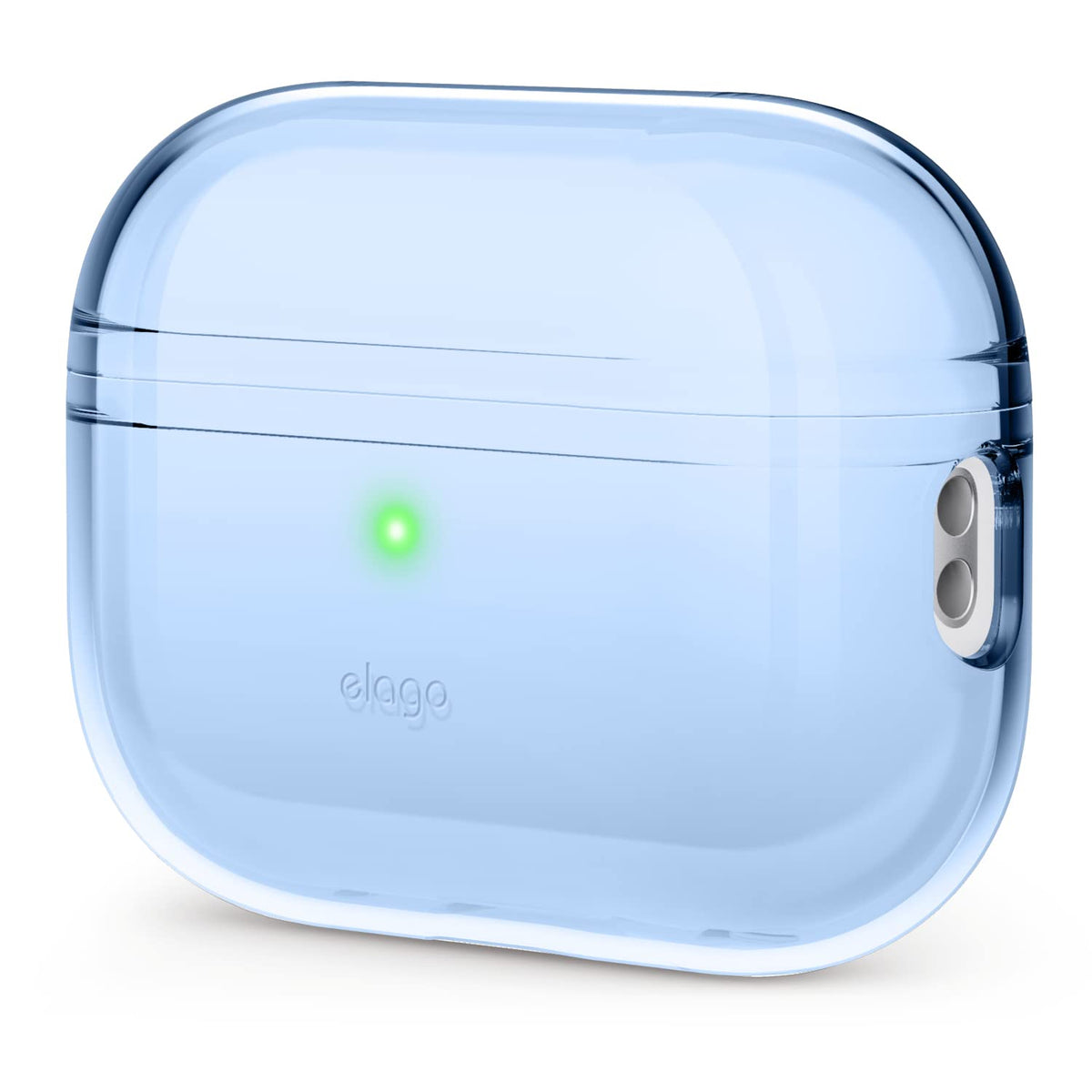 elago AirPods Pro 2 clear case Aqua Blue front view highlights transparent protection.