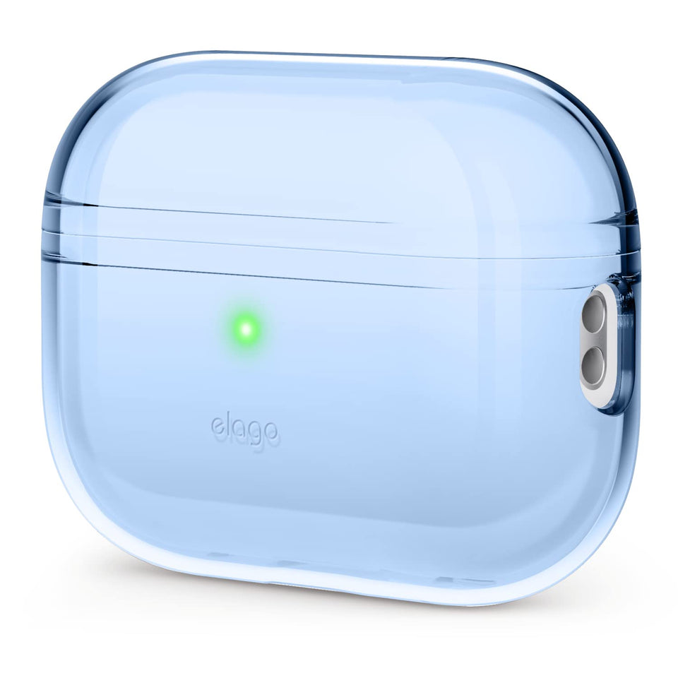 elago AirPods Pro 2 clear case Aqua Blue front view highlights transparent protection.