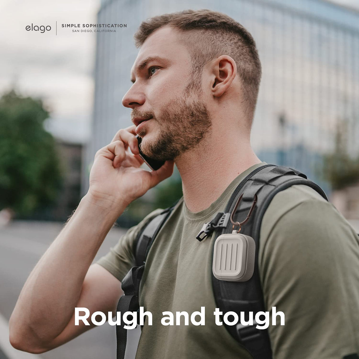 Carabiner attached to elago Armor Case for AirPods 3rd Gen for easy clipping