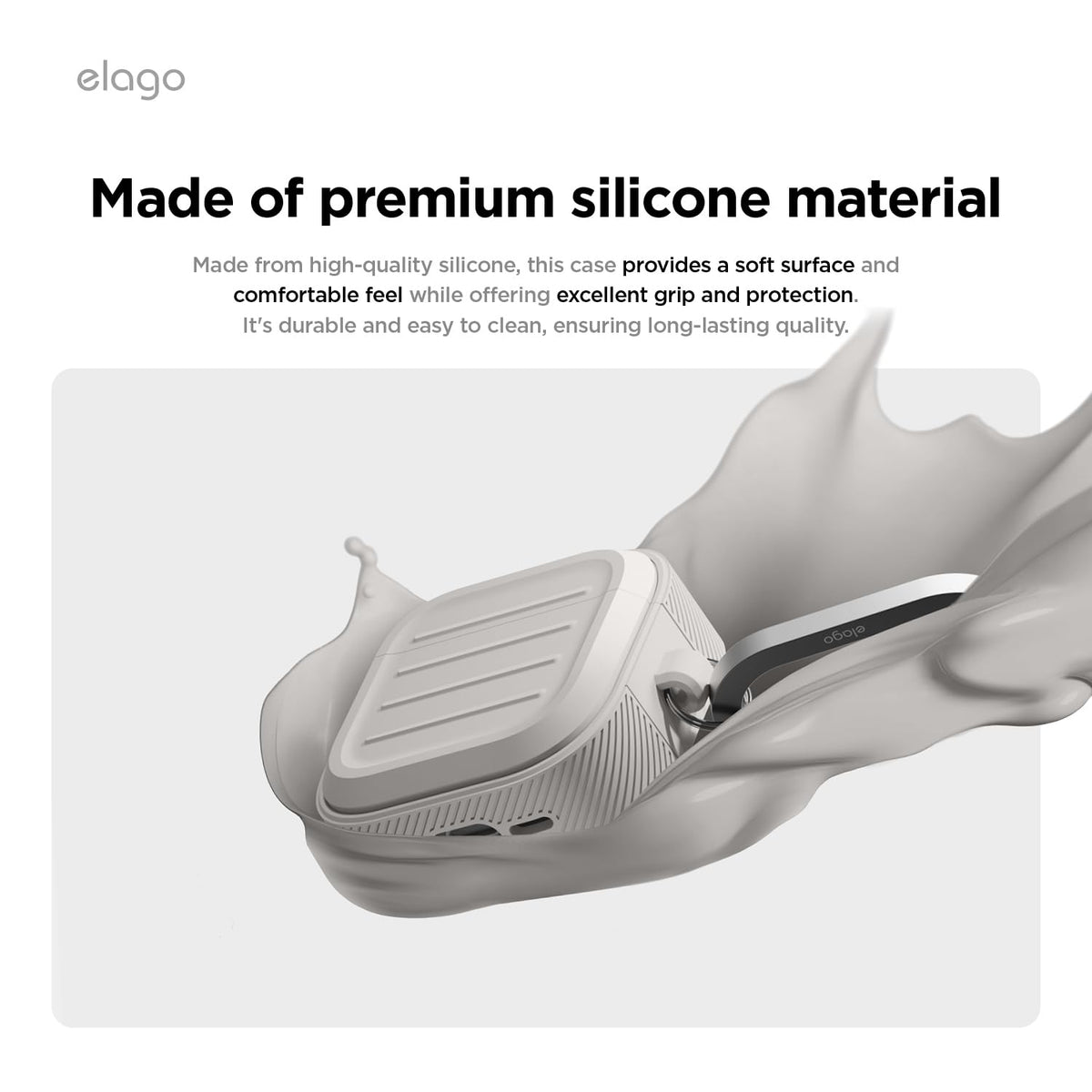 elago Armor AirPods 4 Stone carabiner attached for secure on-the-go carrying