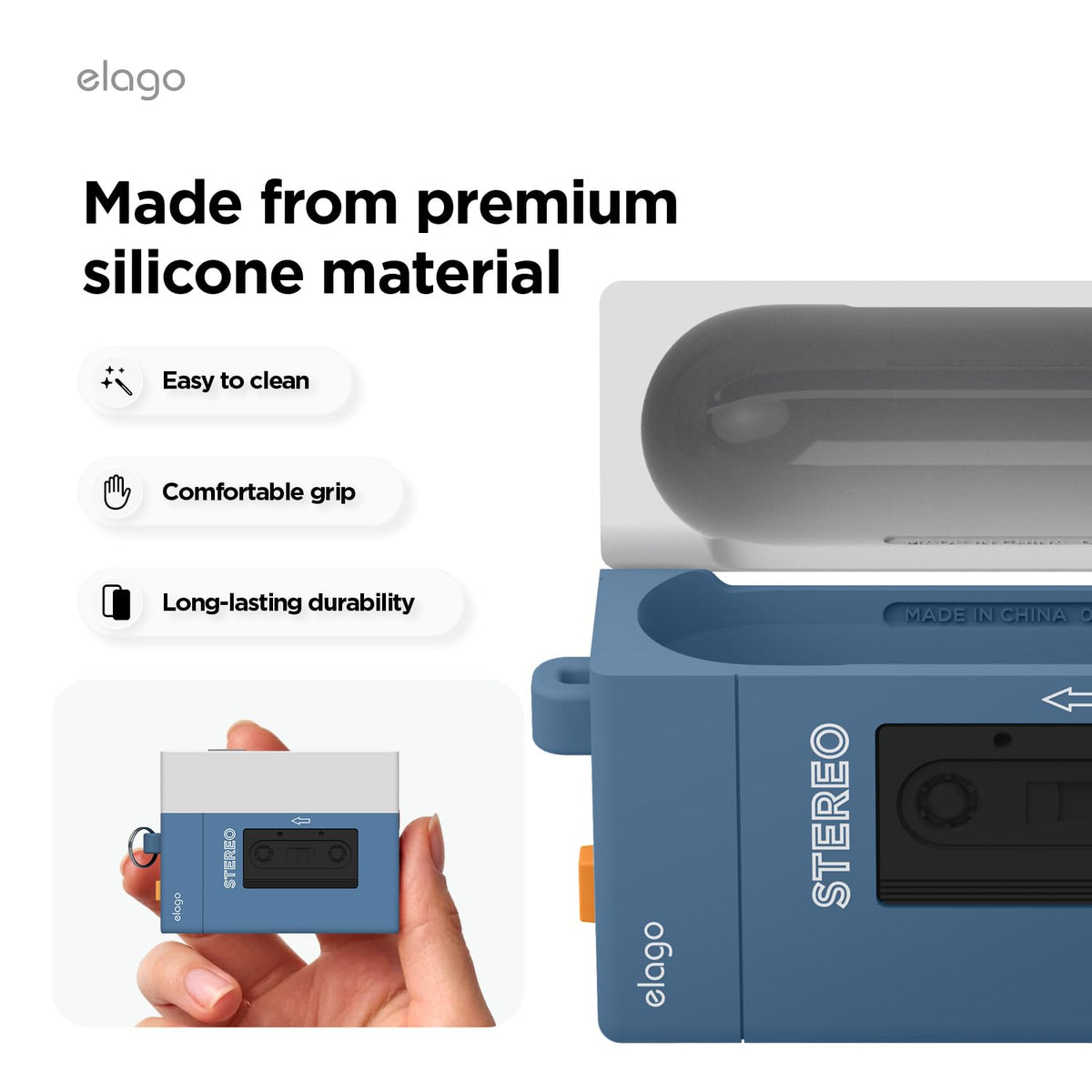 elago cassette open fit on AirPods Pro 3 demonstrating snug fit