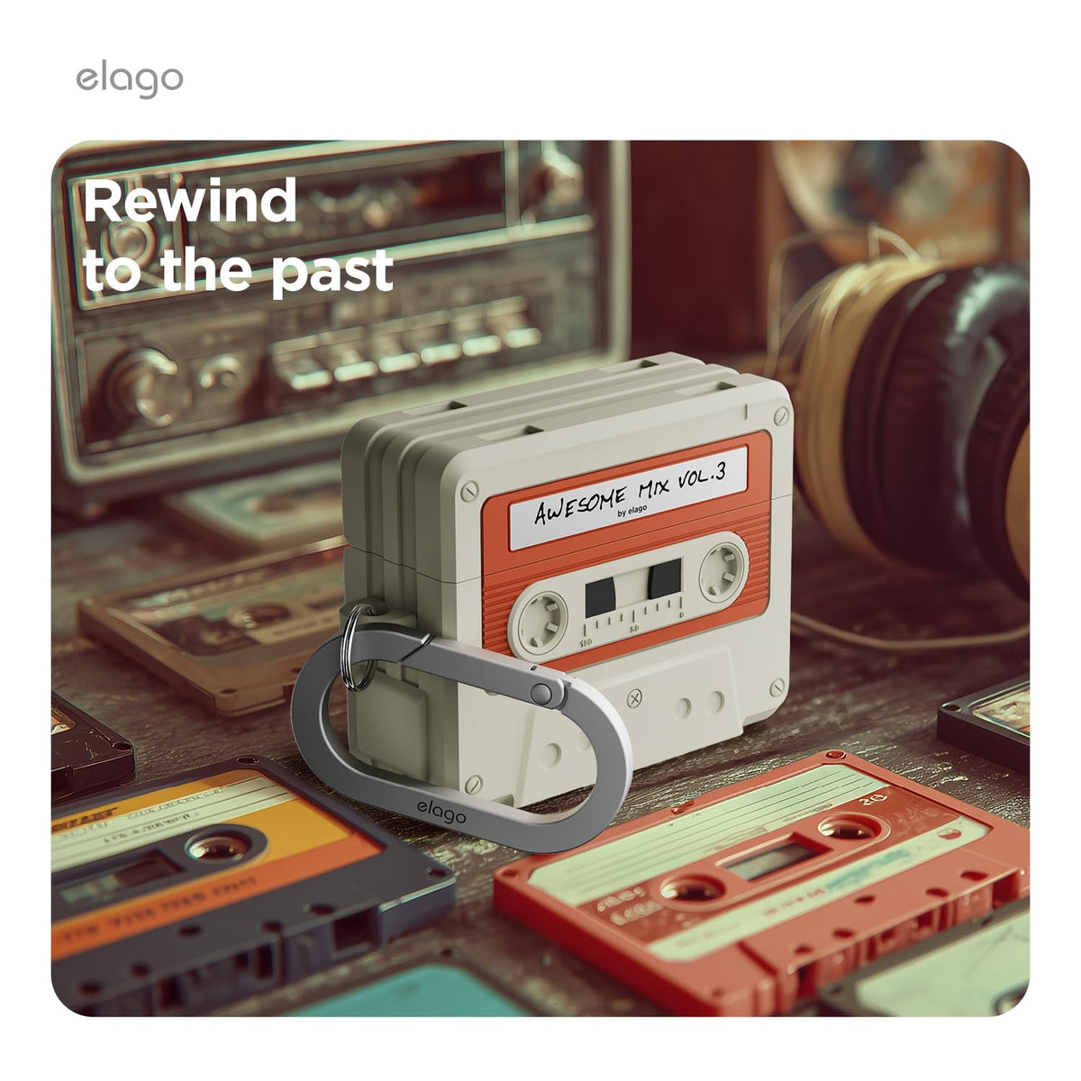 elago cassette tape case AirPods Pro 3 — back view with faux tape window detail.
