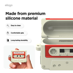elago cassette tape case AirPods Pro 3 — carabiner clip for quick attachment.
