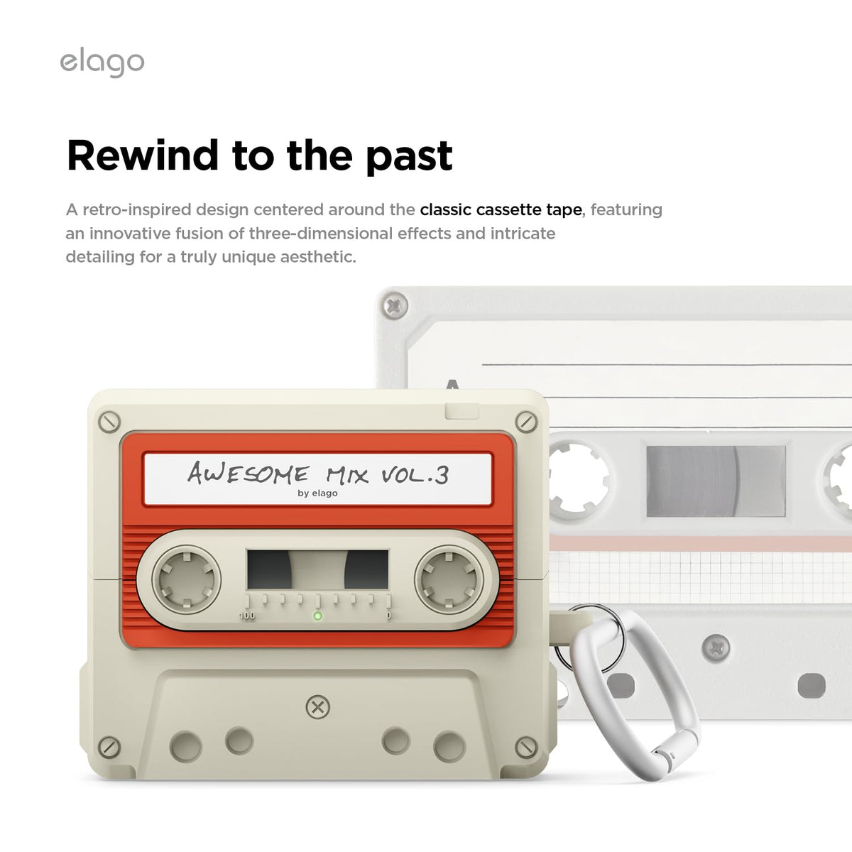 elago cassette-tape case for Samsung Buds 3 FE side view highlighting carabiner integration