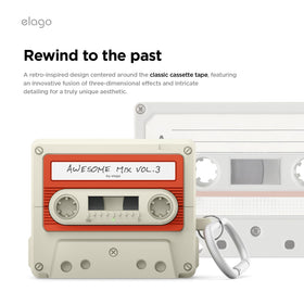 elago cassette-tape case for Samsung Buds 3 FE side view highlighting carabiner integration