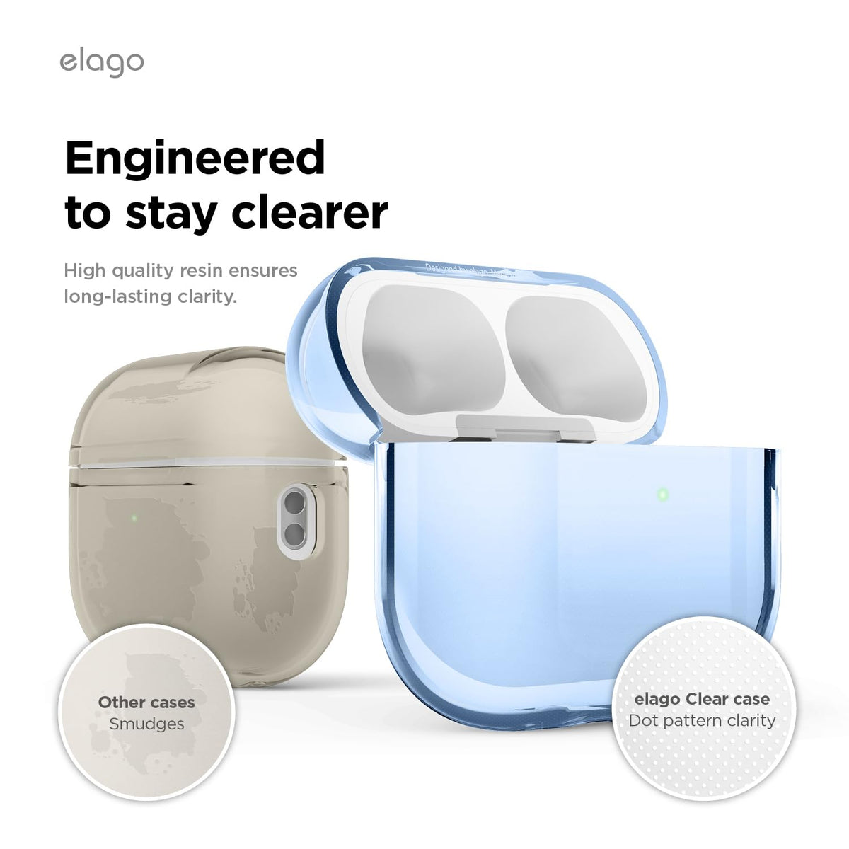 Elago clear case for AirPods Pro 3, micro-dot anti-smudge detail.