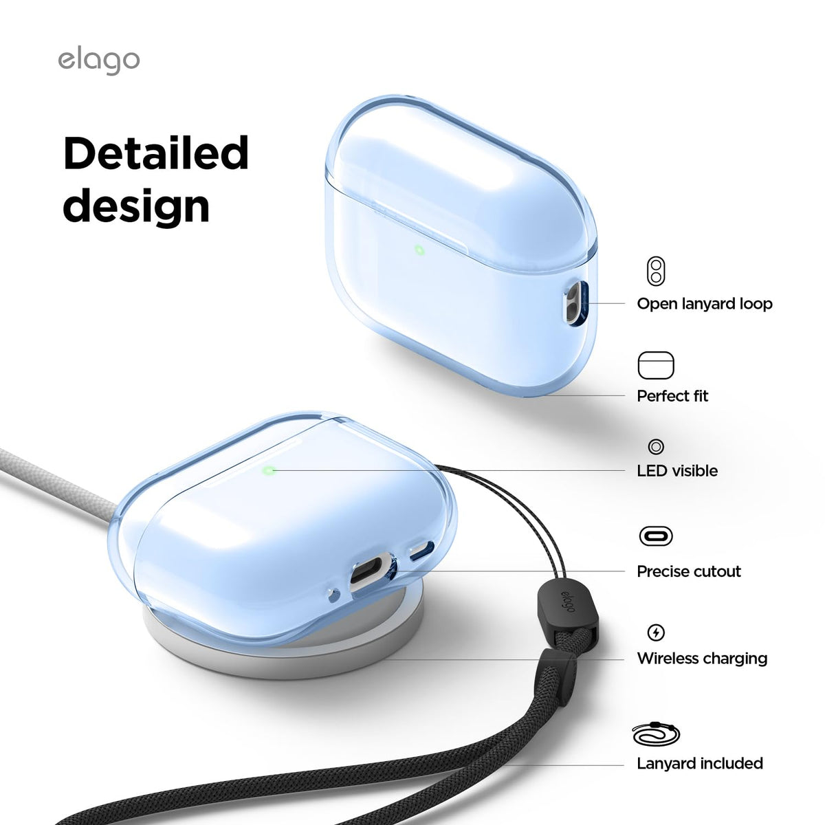 Elago clear case for AirPods Pro 3, strap included for portability.